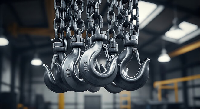 Heavy industrial hooks suspended from chains in a warehouse with metal beams and skylights overhead, captured from a low angle