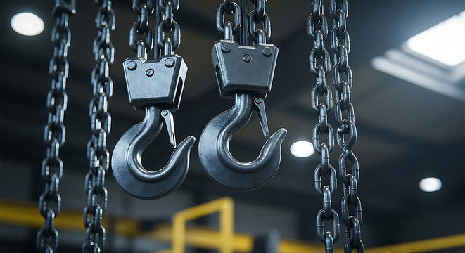Industrial crane hooks suspended from heavy chains in a warehouse with metal structures and overhead lighting