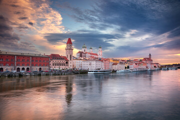 Fototapeta premium Passau Skyline, Germany. Cityscape image of Passau skyline, Bavaria, Germany at dramatic sunset.