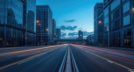Fototapeta premium Contemporary urban expressway flanked by tall buildings reflecting modern architectural styles