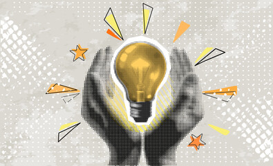 Trendy halftone collage banner hands giving lightbulb. Concept of creative idea or brainstorm. Contemporary vector illustration	