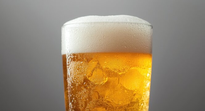 Icy cold glass brimming with light beer and a rich foam head