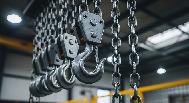 Industrial chains and hooks hanging from the ceiling in a warehouse or factory setting viewed from below with a focus on the metalwork