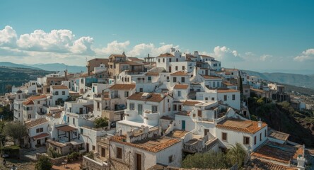 Fototapeta premium Hilltop townscape showcasing white homes under clear sky