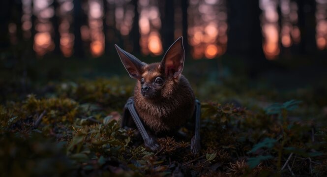 Brown long eared bat in natural northern forest setting at dusk