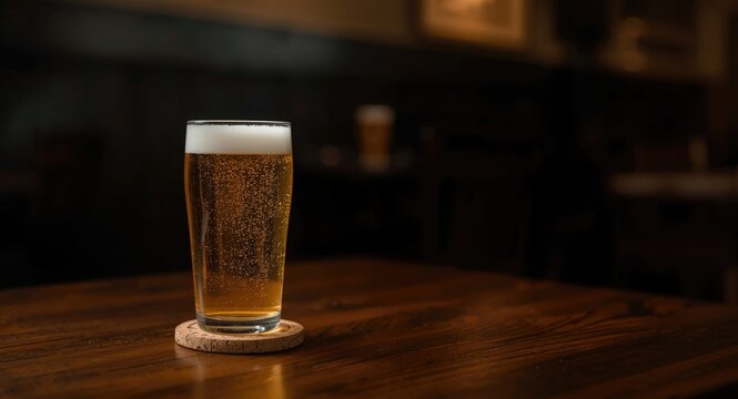 a refreshing glass of light beer in a quiet dark pub