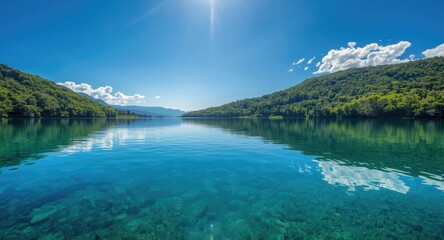 Fototapeta premium Clear calm waters with lively blue sky reflections framed by lush green hills
