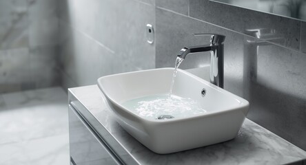 Fototapeta premium Ceramic wash basin in bathroom with flowing water from tap and area for text