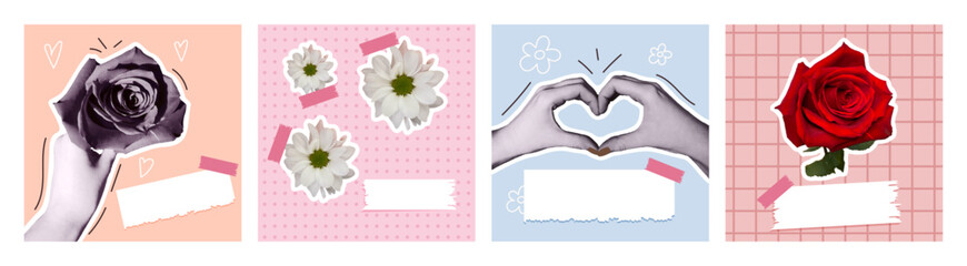 Cute vector hand drawn greeting card set with flowers collage and halftone hands © Vita
