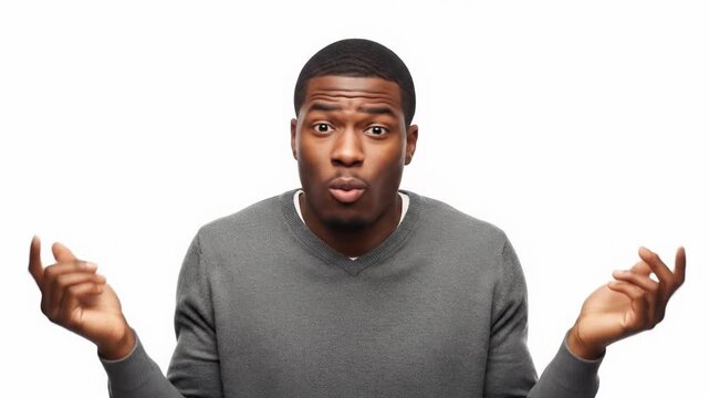 Confused Man Shrugs with Questioning Expression, White Background