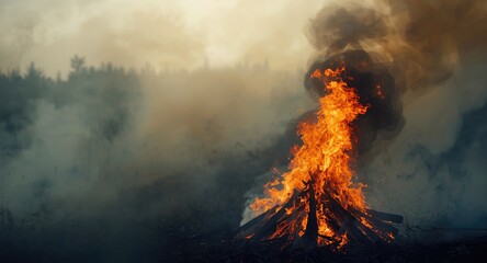 Fototapeta na wymiar Burning timber producing rising smoke and flickering fire