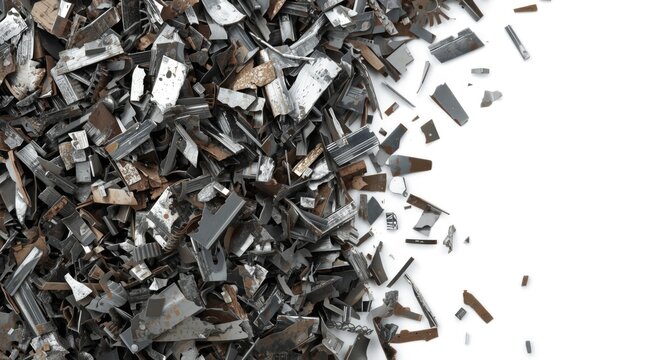 Close up of scrap metal shavings texture on white background for industrial maintenance