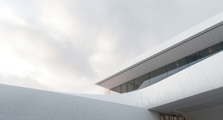 Futuristic white architecture featuring abstract geometric designs and a cloudy sky with copy space
