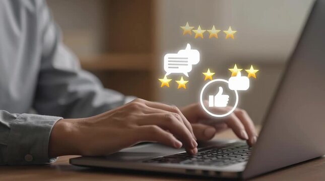 Man typing on laptop computer writing positive customer reviews feedback ratings testimonials online with thumbs up icons and star symbols