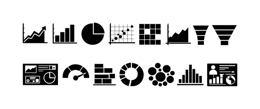 Collection of modern flat design icons representing various data visualization and analytics concepts