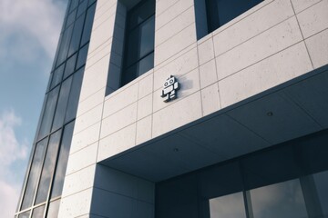 Obraz premium Exterior of a modern commercial office building with a robot icon