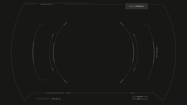 Futuristic video camera viewfinder overlay. 4K template for transmission video signal and futuristic cam rec. Camera frame vector template. White lines Ui on black background. Cyberspace UI frame.