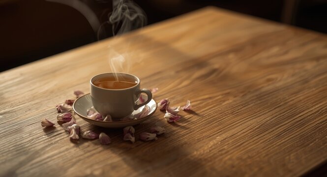 Cup of tea with dried passiflora petals clustered on a natural wood grain dining surface
