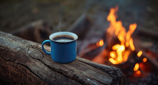 A blue enamel mug holding hot coffee on a textured weathered log next to a cozy campfire