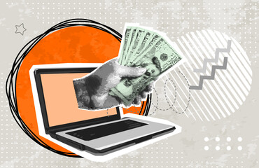 Trendy Halftone Collage Hand holding money, elements for collages. Halftone effect. Retro illustration on business theme with dollars on screen laptop.	