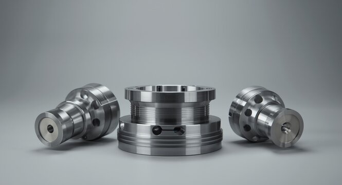 Full frame industrial background showing polished aerospace CNC machined metal components