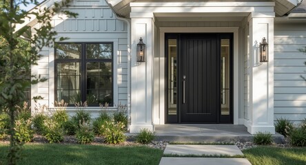 Fototapeta premium City residential modern farmhouse entrance highlighted by black door and craftsmanship details