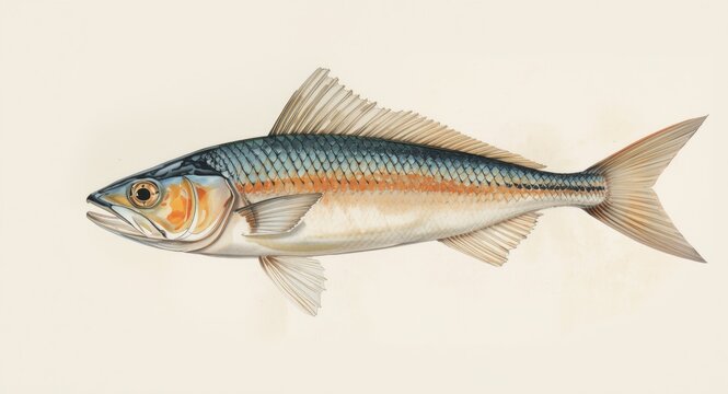 Hand drawn capelin fish in watercolor with focus on marine food detail