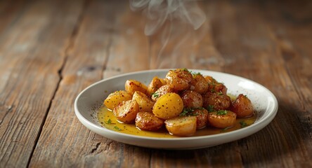 Hearty Scandinavian plate featuring herb flavored baked potatoes finished with infused oil
