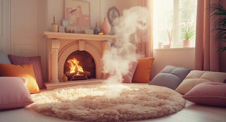 Obraz premium Cozy room interior featuring a charming cartoon style fireplace with a soft rug and scattered cushions