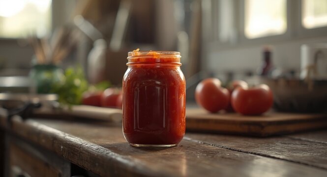 Homemade ripe tomato paste in kitchen setting