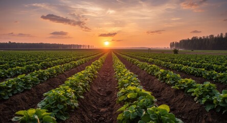 Early morning sunrise lighting over potato fields in agricultural plots