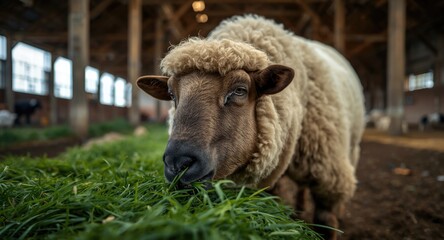 Obraz premium Domba garut breed sheep feeding happily on fresh grass in barn interior