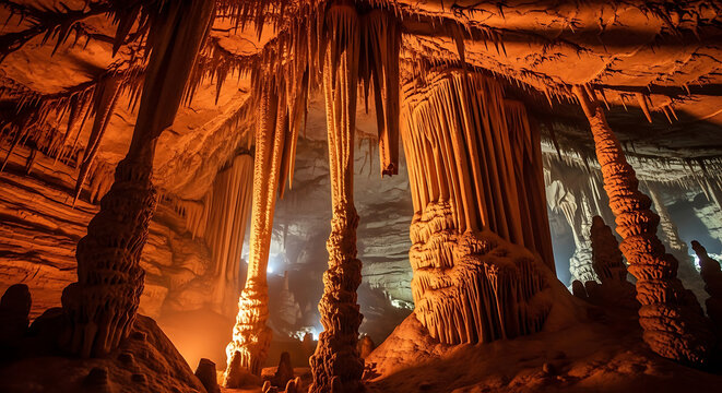A vast underground cavern illuminated by soft lighting, featuring towering stalactites and stalagmites in a natural limestone cave environment from a low viewpoint.