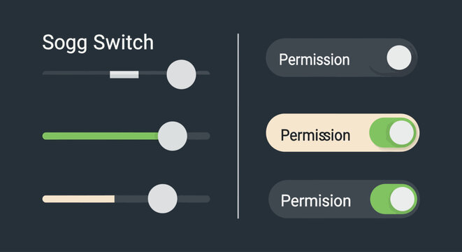User interface design showing toggle switches and sliders for permission settings.