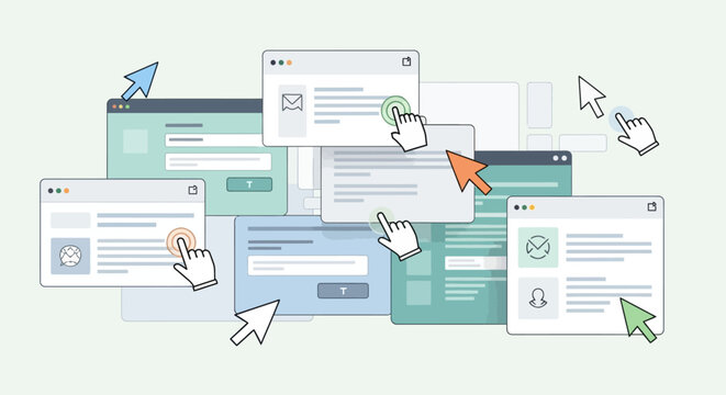 Illustration of multiple web browser windows with cursors interacting on a digital interface.