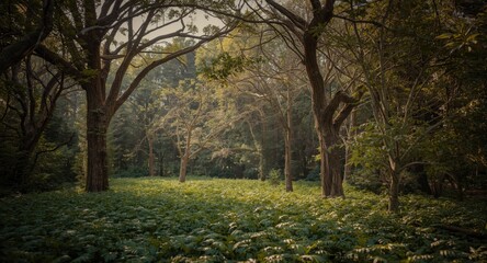 Obraz premium A quiet woodland glade with a mix of mature and young trees