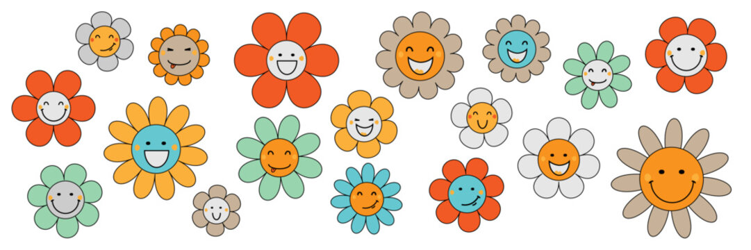 Funny happy daisy with eyes and smile. Groovy flower cartoon characters.  Sticker pack in trendy spring style. Isolated vector illustration. Hippie 60s, 70s style on transparent background