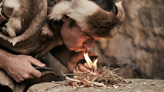 Man in fur clothing starting a fire with flint and steel method for survival in a primitive way