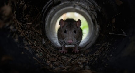 Fototapeta na wymiar Close view of a rat exploring an underground pipe tunnel