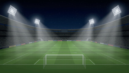 Naklejka premium Empty football stadium illuminated under bright night lights