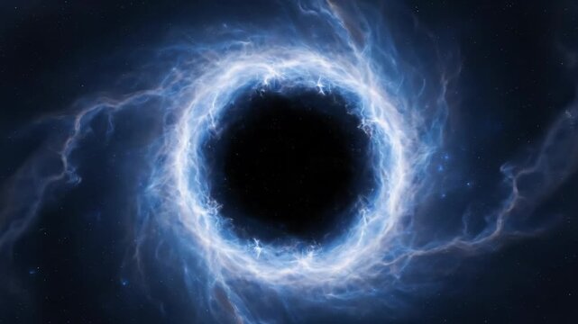 Flying through a swirling blue nebula vortex in outer space with stars.