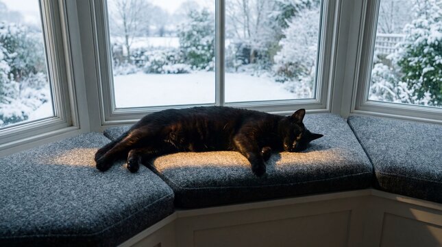 Black cat sleeping peacefully in a sunbeam on a window seat.