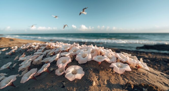 Ipomoea pes caprae sprawling over shorelines with fresh salted ocean air