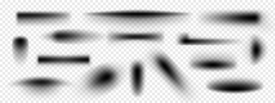 Set of various realistic soft black shadow effect vector illustration on transparent background