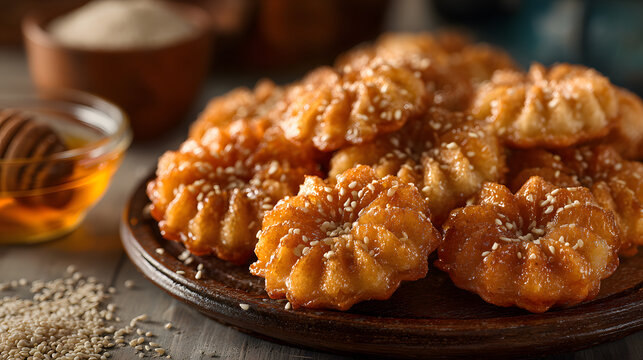 Traditional Moroccan chebakia pastries coated with honey and sesame seeds