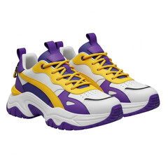 Stylish high-top sneakers with vibrant purple and yellow accents on white base