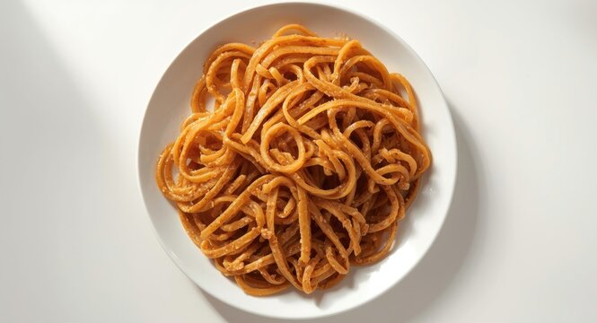 Italian homemade strozzapreti pasta displayed from above on a white plate with copy space