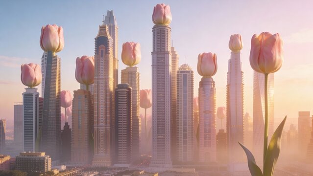 Surreal sunrise cityscape where sleek skyscrapers bloom with giant pink tulip flowers above misty streets.