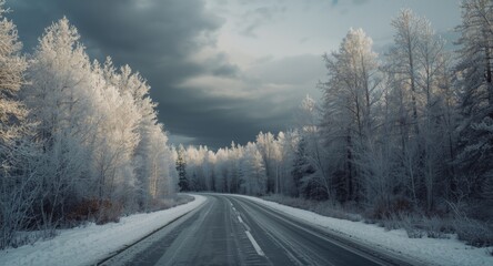 Obraz premium A crisp winter forest landscape with snow laden trees and an ice covered road crossing the frosty wilderness beneath a cold gray sky