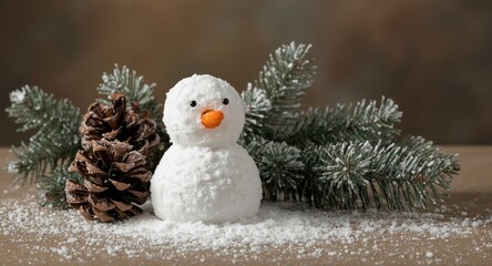 Obraz premium Cute snowman figure placed beside pine cones and evergreen fir limbs dusted with faux snow
